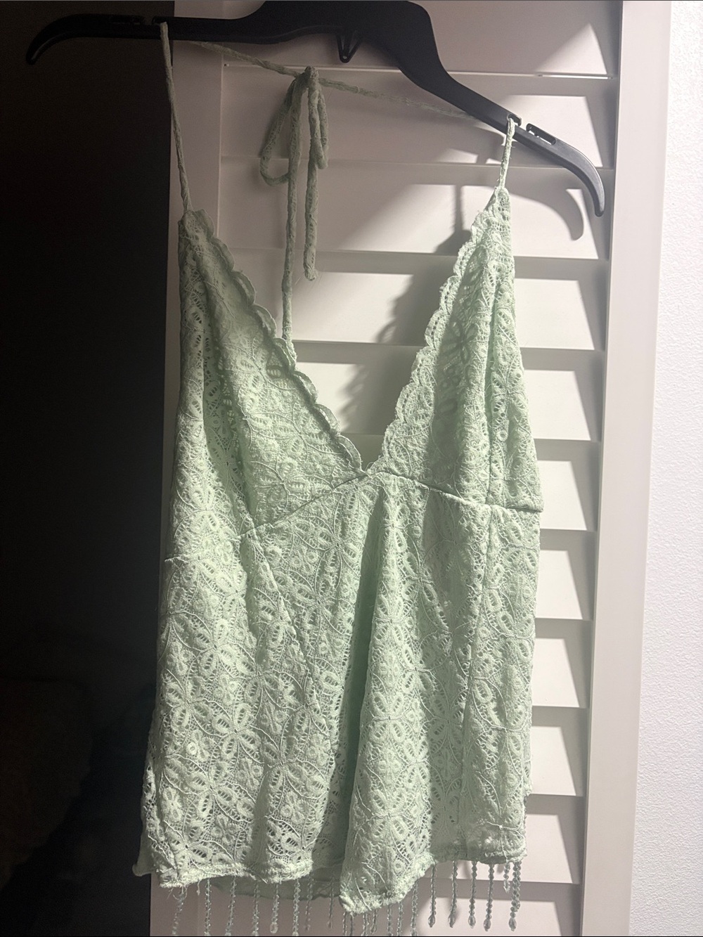 Light Mint Lace Halter Chemise with Beaded Hem